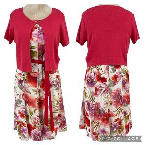 Sandra Darren Sheer Floral Panel Dress & Sweater set 12 Ivory Orange Flare Lined